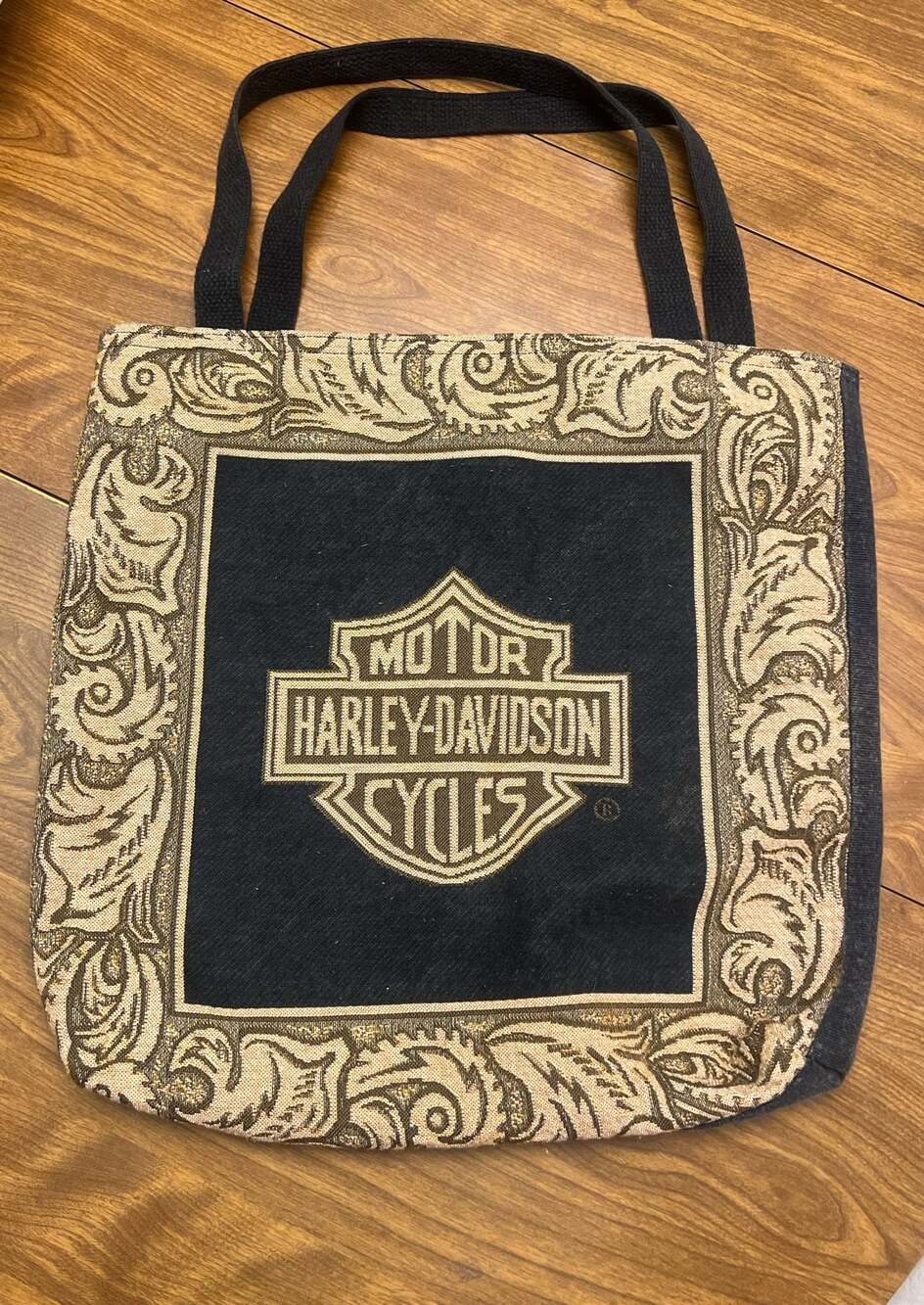 Harley-Davidson Black Canvas Tote Bag Woven Tapestry Bar & Shield Logo